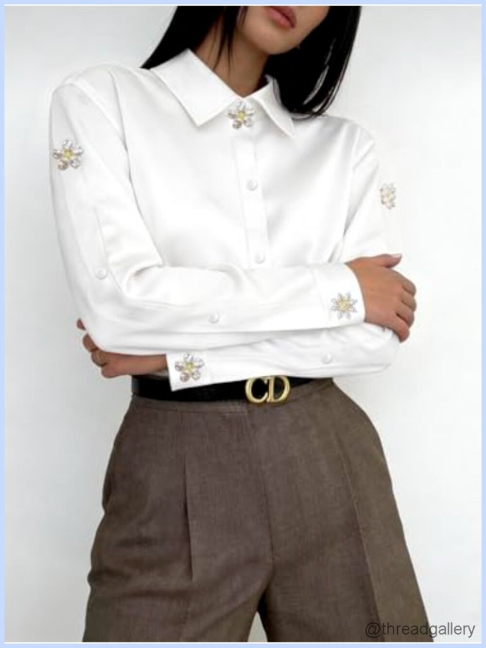 Elegant Satin Blouse Pearl Flower Embellishments Long Sleeve Button Down - Picture 5 of 6